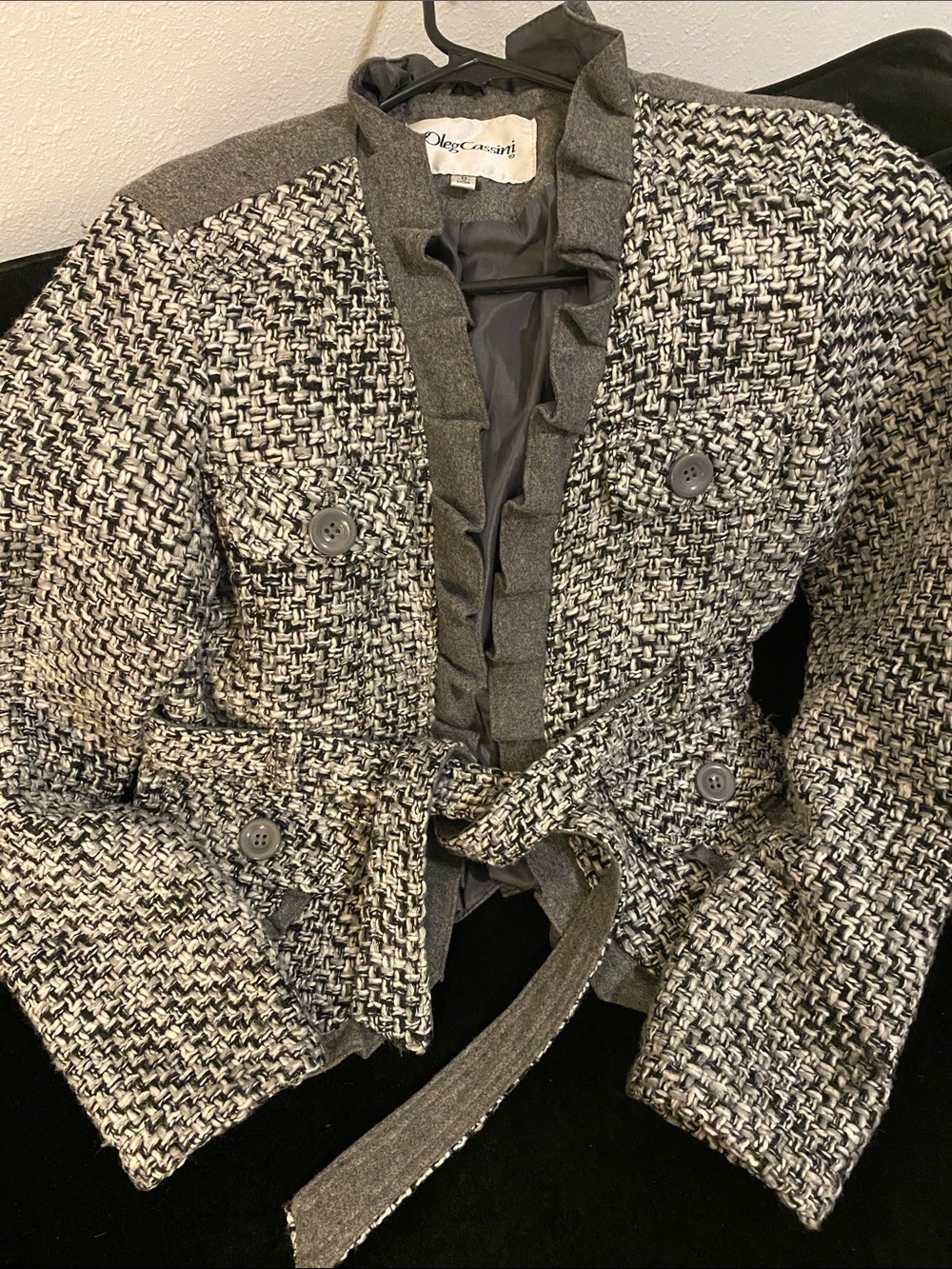 Oleg Cassini Black and Gray Tweed Belted Blazer